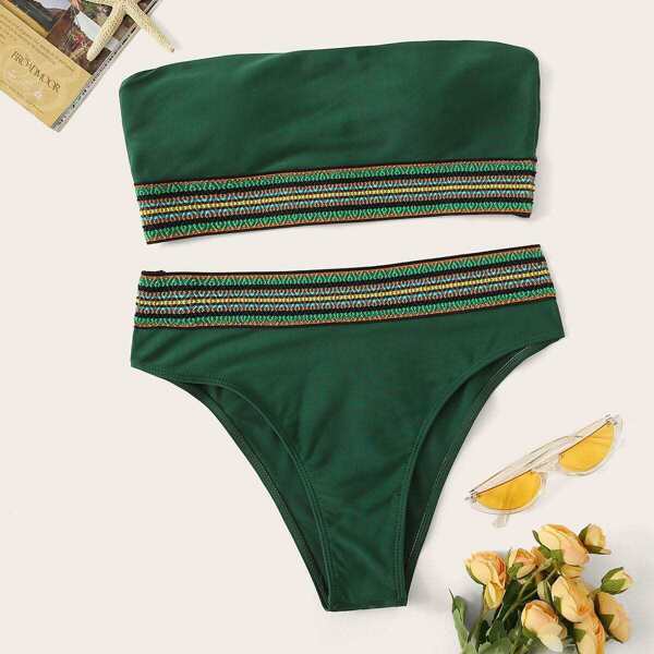 

Striped Trim Bandeau Bikini Set, Green