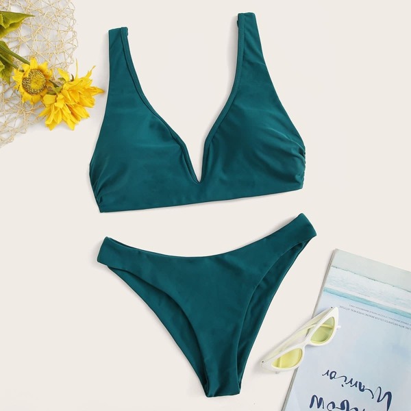 

Plunging Top With High Cut Bikini Set, Green