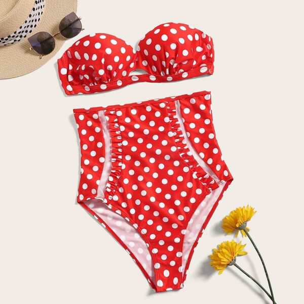 

Polka Dot Bustier Top With High Waist Bikini Set