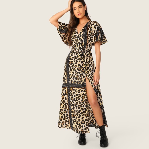 

Flutter Sleeve Surplice Wrap Leopard Dress