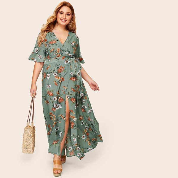 

Plus Flounce Sleeve Wrap Belted Floral Maxi Dress, Green