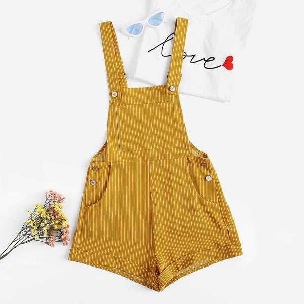 

Bib Pocket Front Roll Hem Striped Overalls