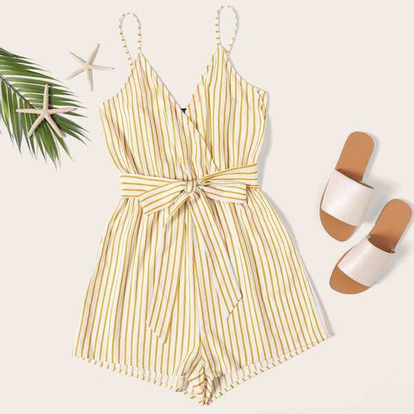 

Striped Wrap Cami Romper With Belt