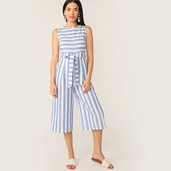 

Slant Pocket Sleeveless Striped Belted Jumpsuit