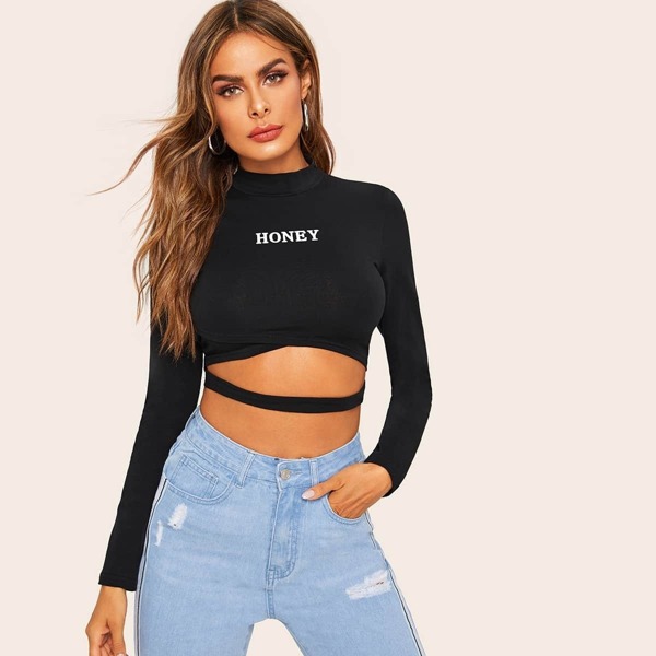 

Mock Neck Cross Wrap Cutout Letter Crop Tee
