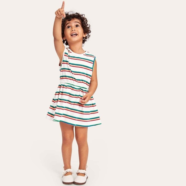 

Toddler Girls Stripe Print Elastic Waist Dress, White