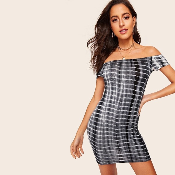 

Tie Dye Fitted Off Shoulder Dress, Multicolor