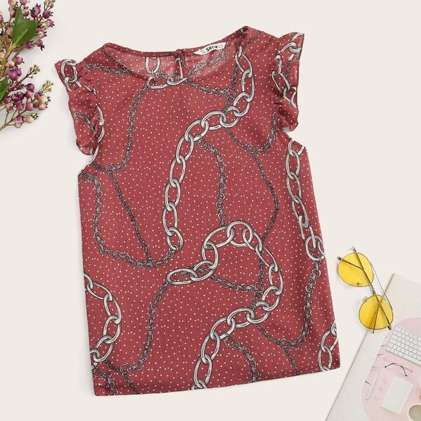 

Chain Print Frilled Shoulder Dot Top