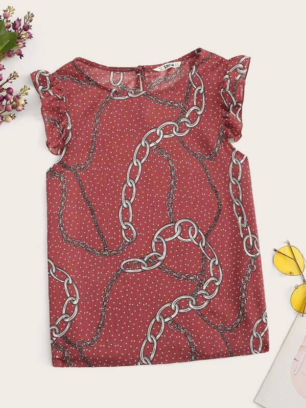 

Chain Print Frilled Shoulder Dot Top, Red