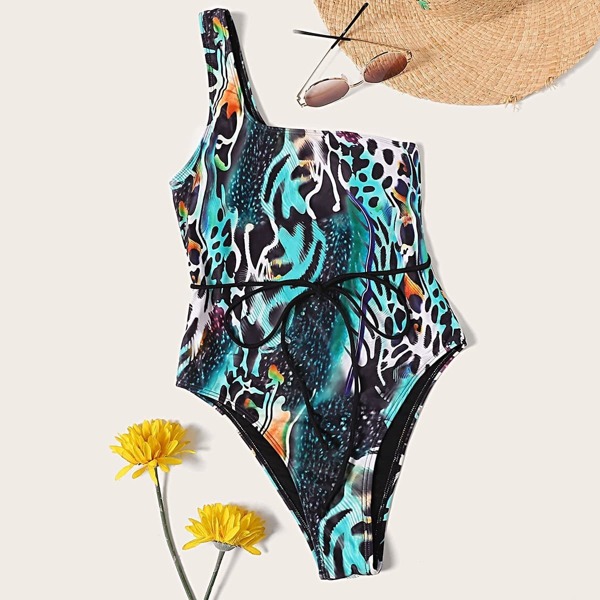 

Snakeskin One Shoulder One Piece Swimsuit, Multicolor