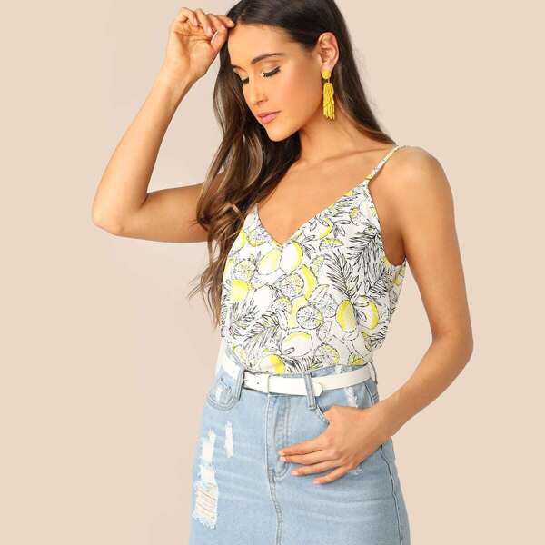 

Double V Neck Lemon Print Cami Top