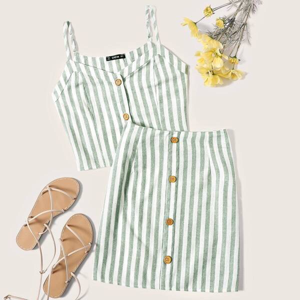 

Button Up Vertical Striped Cami Top & Skirt Set, Green
