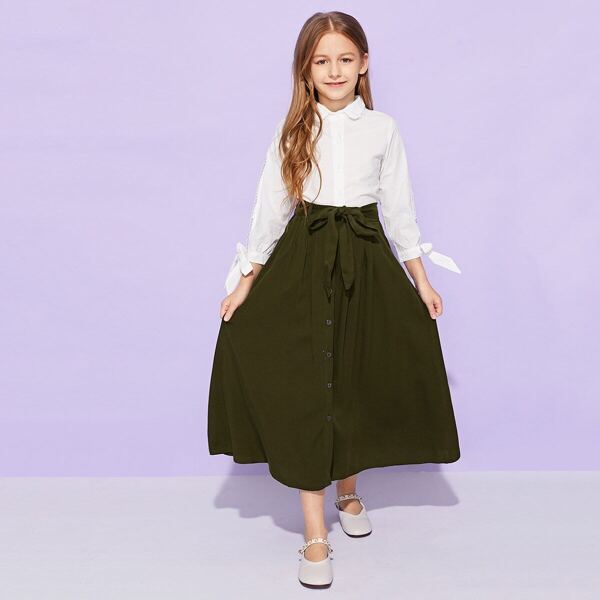 

Girls Single Breasted Belted Skirt, Army green