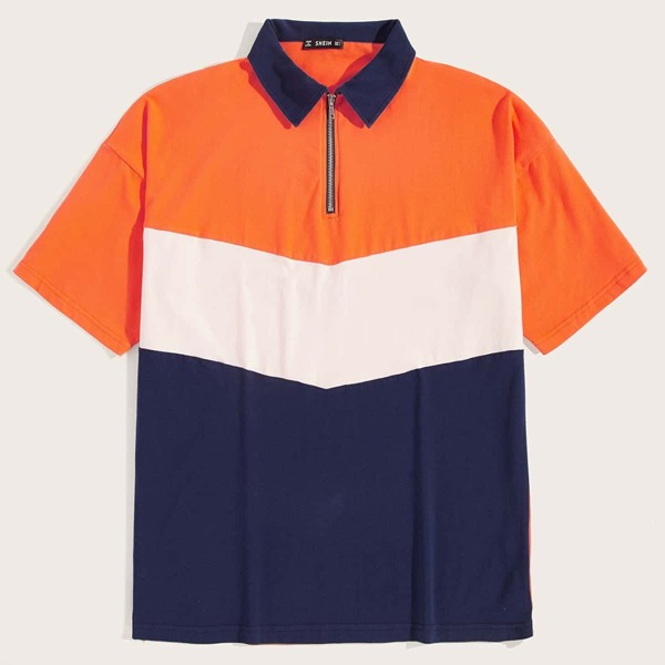 

Men Zip Half Placket Colorblock Polo Shirt