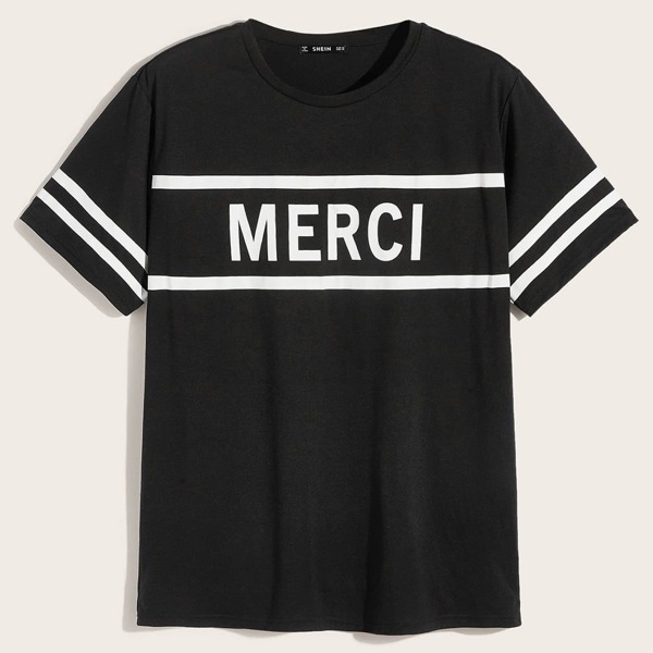 

Men Striped Cuff Letter Print Tee