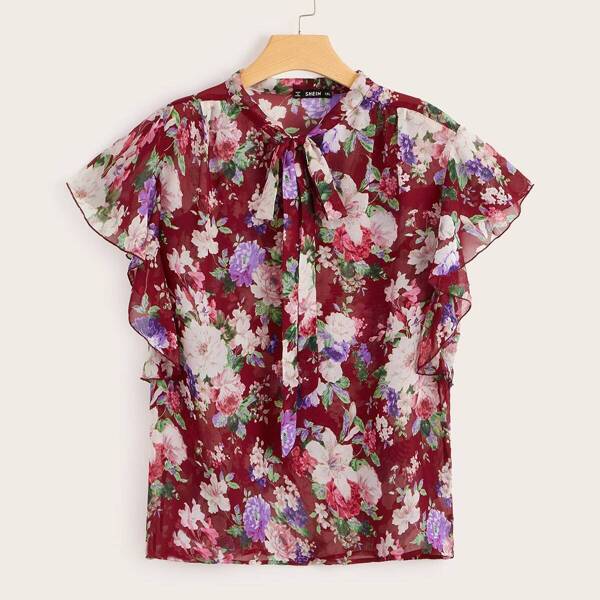 

Plus Tie Neck Butterfly Sleeve Floral Blouse
