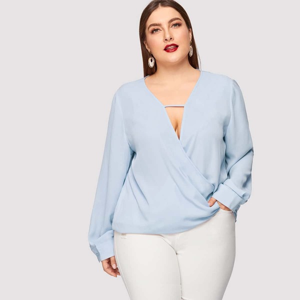 

Plus Plunging Neck Surplice Front Top, Pastel baby blue