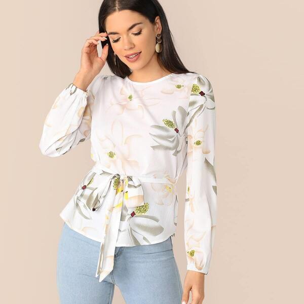 

Curved Hem Floral Print Belted Top, White