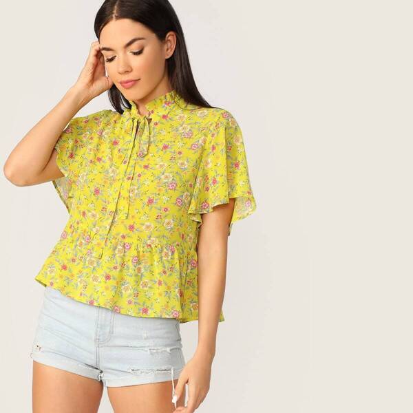 

Frilled Tie Neck Ditsy Floral Tea Top, Yellow