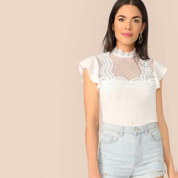 

Keyhole Back Lace Yoke Front Ruffle Shoulder Blouse