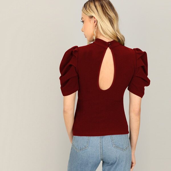 

Puff Sleeve Cutout Back Solid Top, Burgundy