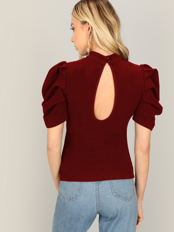 

Puff Sleeve Cutout Back Solid Top, Burgundy, Celeste Bright