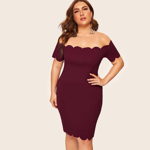 

Plus Off Shoulder Scallop Trim Dress, Burgundy