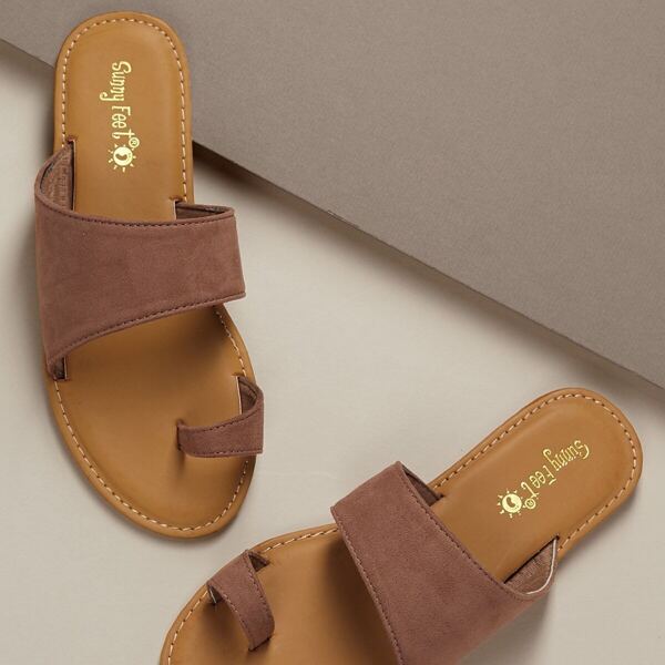 

Toe Band Wide Strap Flat Slide Sandals, Brown