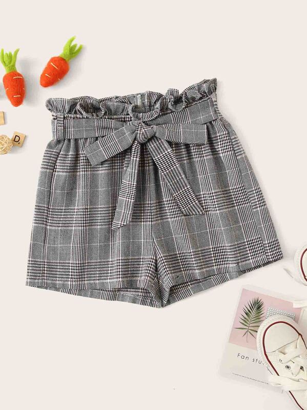 

Girls Frill Waist Belted Tartan Shorts, Grey