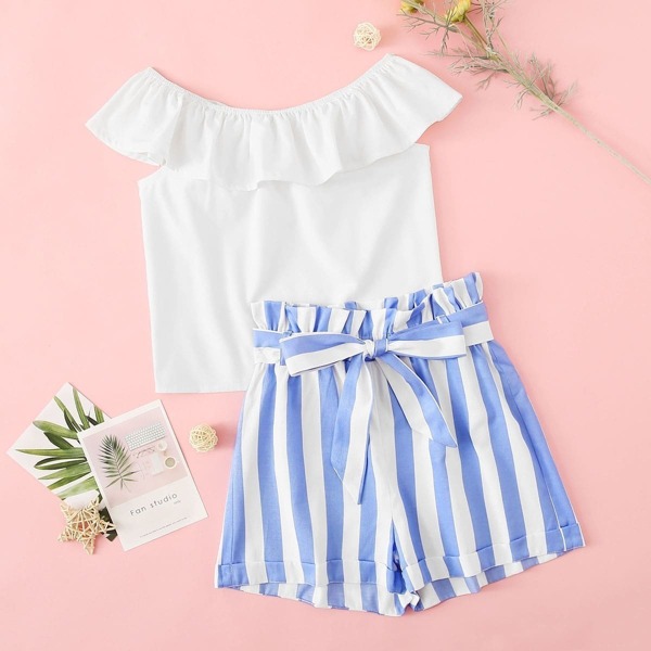 

Girls Ruffle Trim Bardot Top & Belted Striped Shorts Set