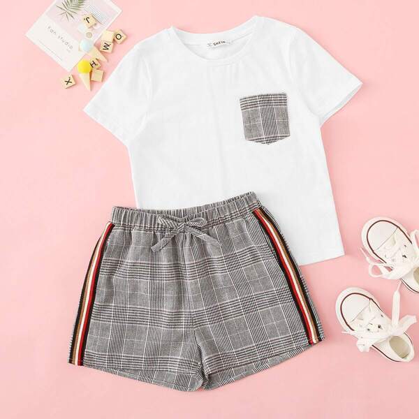 

Girls Plaid Pocket Top & Side Striped Shorts Set, Multicolor