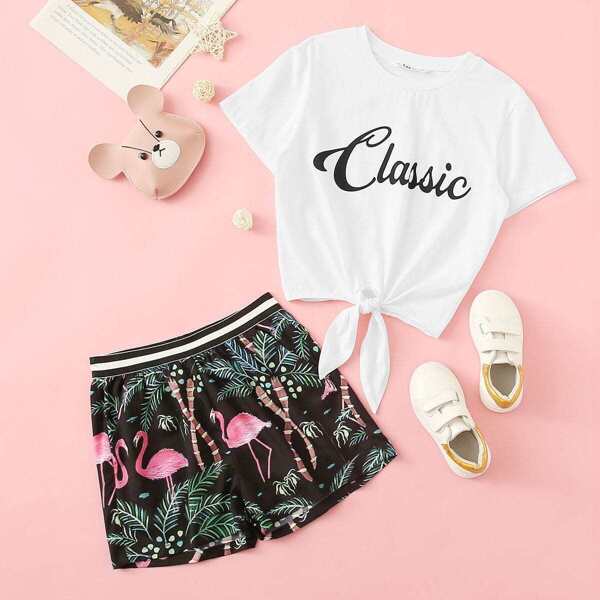 

Girls Tie Waist Tee & Flamingo Print Shorts Set, Multicolor