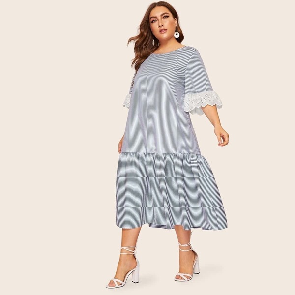 

Plus Contrast Embroidered Eyelet Cuff Striped Dress, Blue