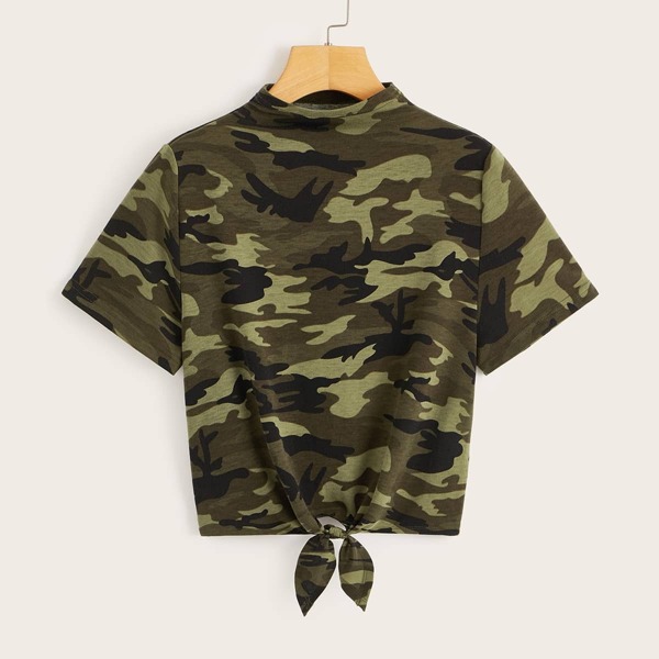 

Mock-neck Tie Waist Camo Tee, Multicolor