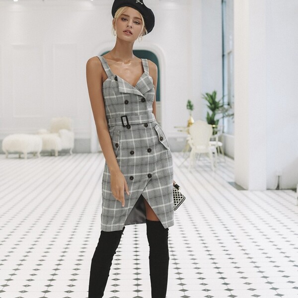

Simplee Double Breasted Plaid Belted Dress