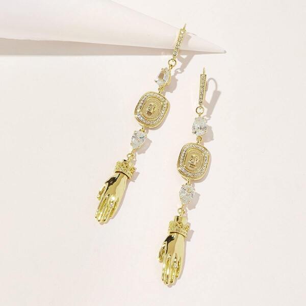 Hand & Rhinestone Detail Drop Earrings 1pair, Gold