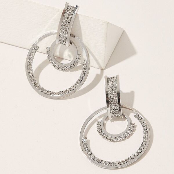

Rhinestone Detail Double Circle Hoop Earrings 1pair, Silver