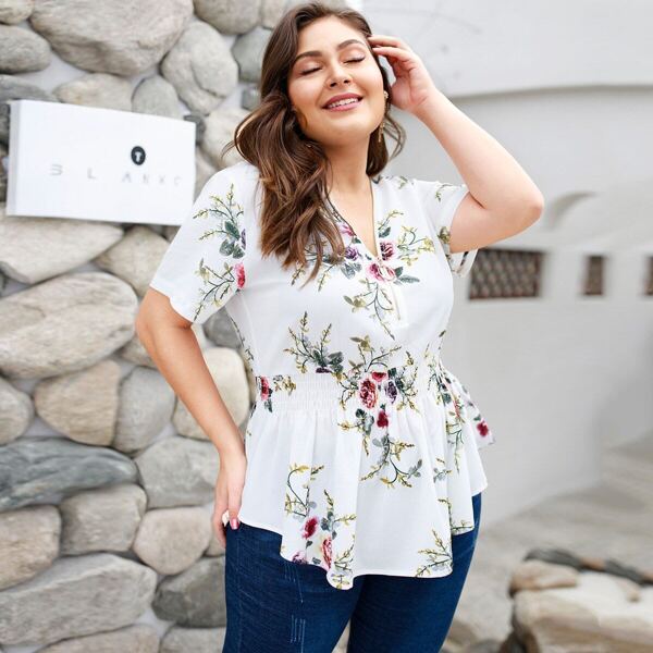 

Plus Zip Front Floral Print Blouse, White