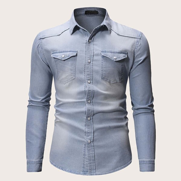 

Men Dual Pocket Popper Cuff Wash Denim Shirt