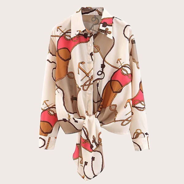 

Knot Hem Rope Print Shirt