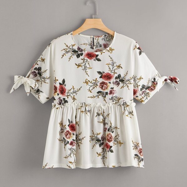 

Plus Knot Cuff Frill Floral Print Blouse, Multicolor