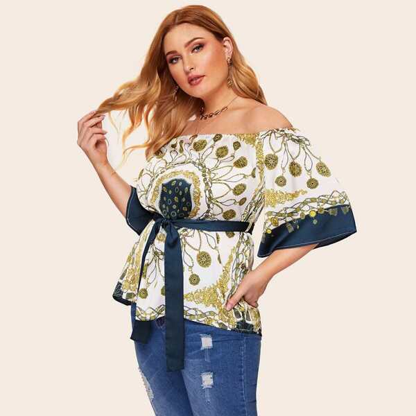 

Plus Off Shoulder Scarf Print Belted Blouse, Multicolor