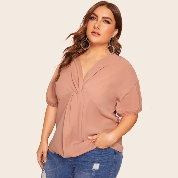 

Plus Drop Shoulder Twist Front Blouse, Pink