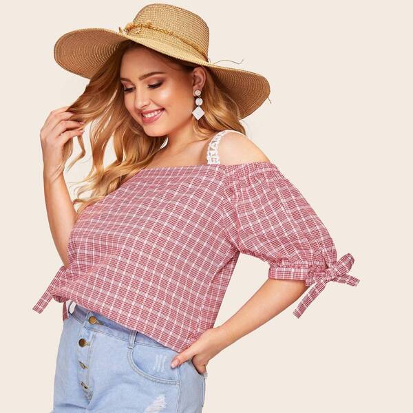 

Plus Knot Cuff Plaid Blouse
