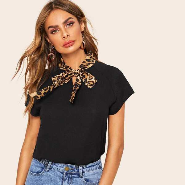 

Contrast Leopard Tie Neck Blouse