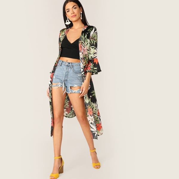 

Waist Knot Bell Sleeve Tropical Print Kimono, Multicolor