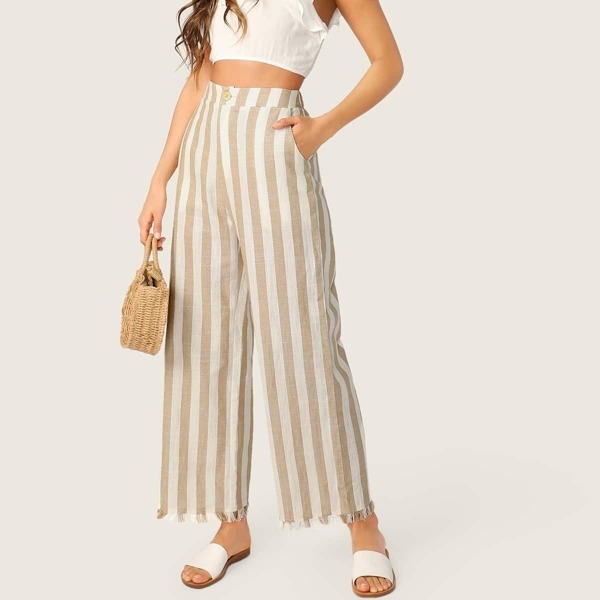 

Buttoned Front Raw Hem Wide Leg Striped Pants, Multicolor