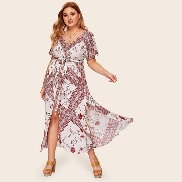 

Plus Surplice Front Floral Print Split Belted Dress, Multicolor