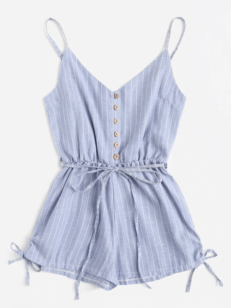 

Plus Drawstring Striped Cami Romper, Blue