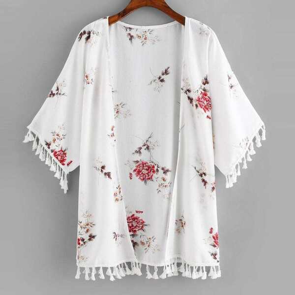 

Plus Fringe Floral Print Kimono, White